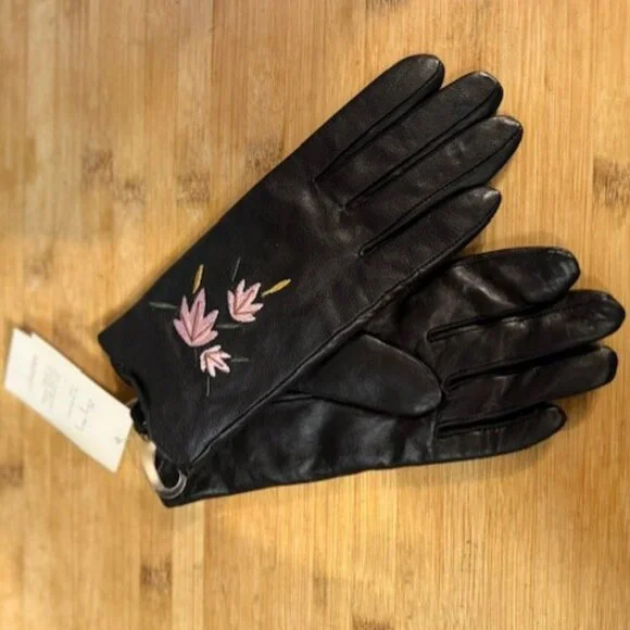 Retro Black leather gloves with pink / pastel floral embroidery - NWT - Picture 3 of 16